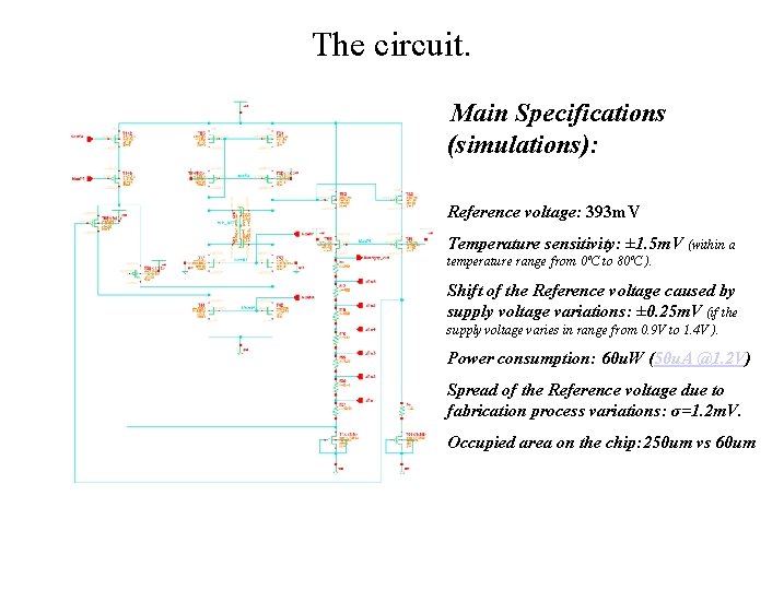 The circuit. Main Specifications (simulations): Reference voltage: 393 m. V Temperature sensitivity: ± 1.