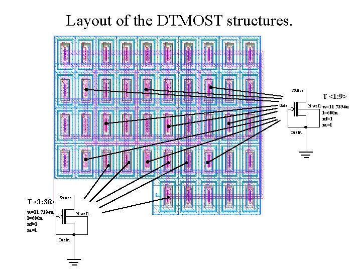 Layout of the DTMOST structures. Source T <1: 9> Gate N well w=11. 7394