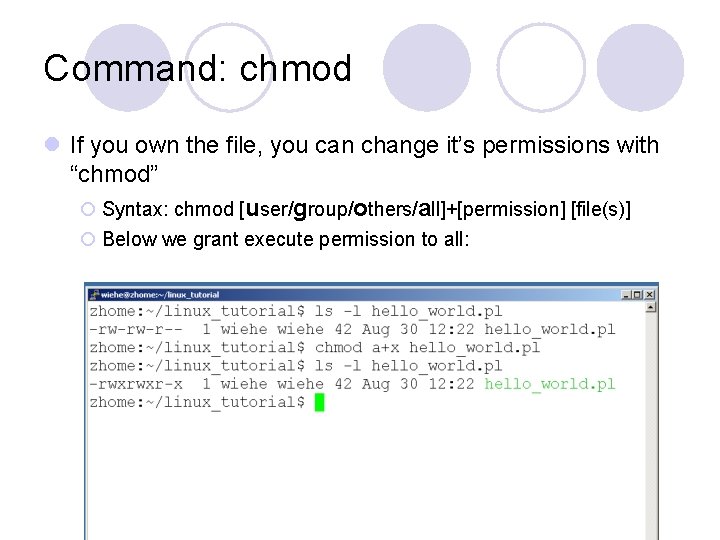 Command: chmod l If you own the file, you can change it’s permissions with