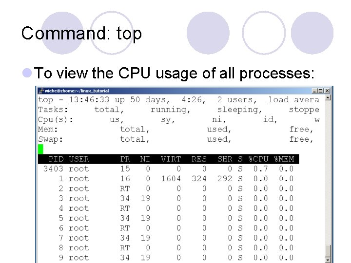 Command: top l To view the CPU usage of all processes: 