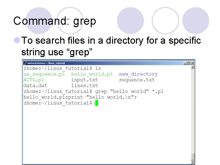 Command: grep l To search files in a directory for a specific string use