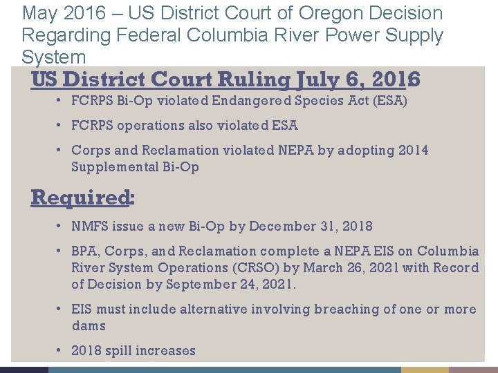 May 2016 – US District Court of Oregon Decision Regarding Federal Columbia River Power