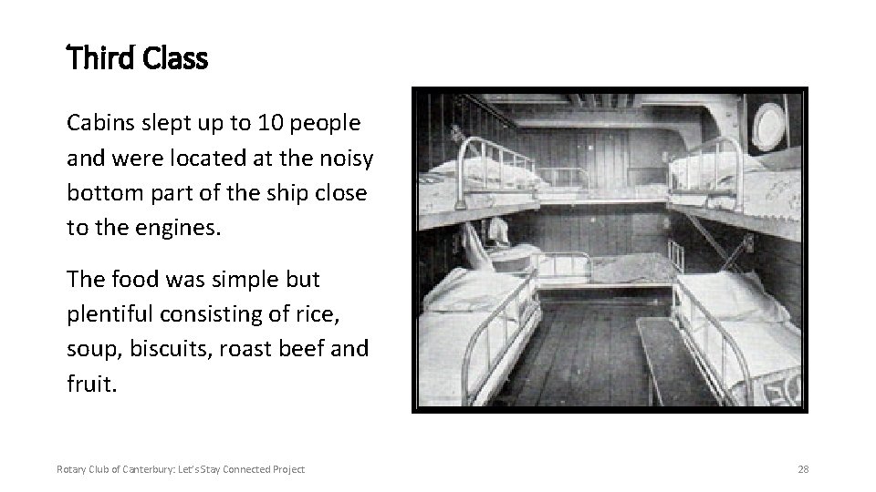 Third Class Cabins slept up to 10 people and were located at the noisy