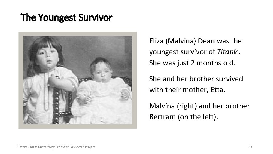 The Youngest Survivor Eliza (Malvina) Dean was the youngest survivor of Titanic. She was