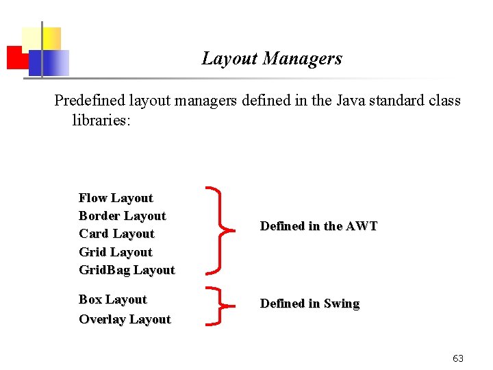 Layout Managers Predefined layout managers defined in the Java standard class libraries: Flow Layout