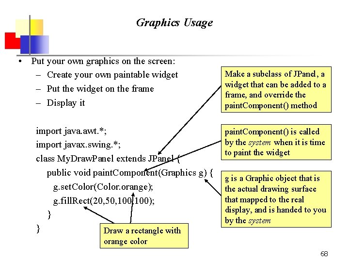 Graphics Usage • Put your own graphics on the screen: – Create your own