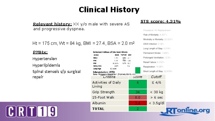 Clinical History STS score: 4. 31% Relevant history: XX y/o male with severe AS