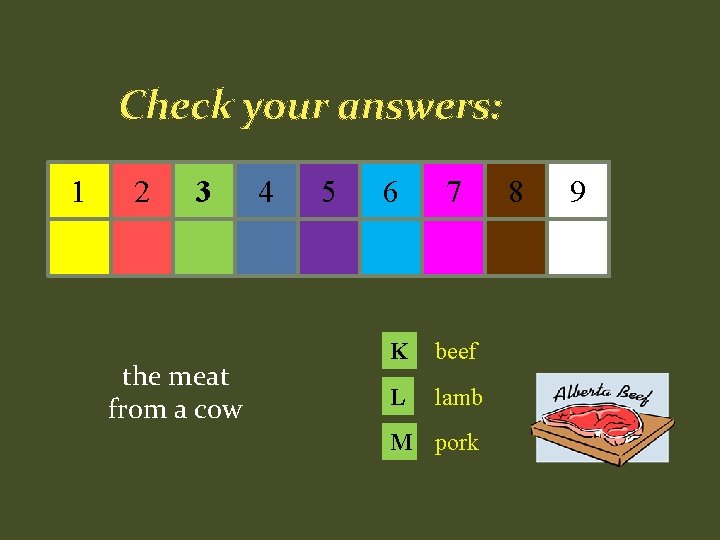 Check your answers: 1 2 3 the meat from a cow 4 5 6