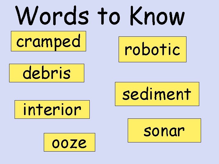Words to Know cramped debris interior ooze robotic sediment sonar 