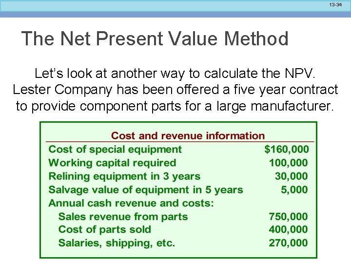 13 -34 The Net Present Value Method Let’s look at another way to calculate