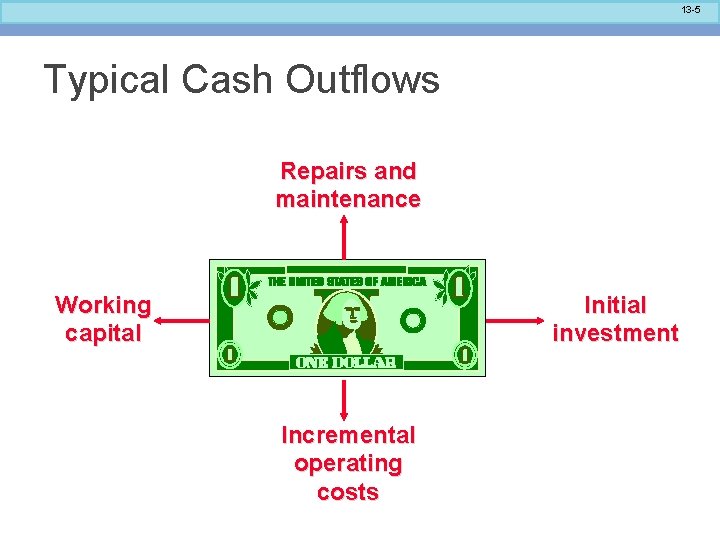 13 -5 Typical Cash Outflows Repairs and maintenance Working capital Initial investment Incremental operating