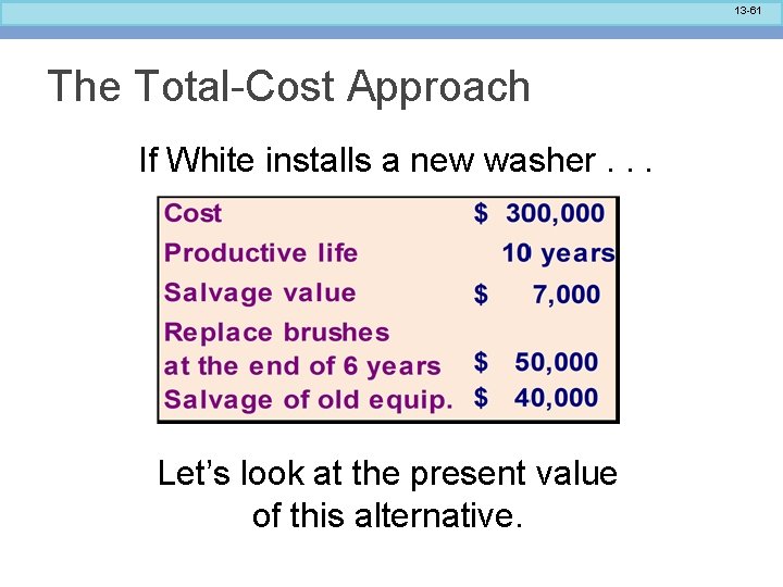 13 -61 The Total-Cost Approach If White installs a new washer. . . Let’s