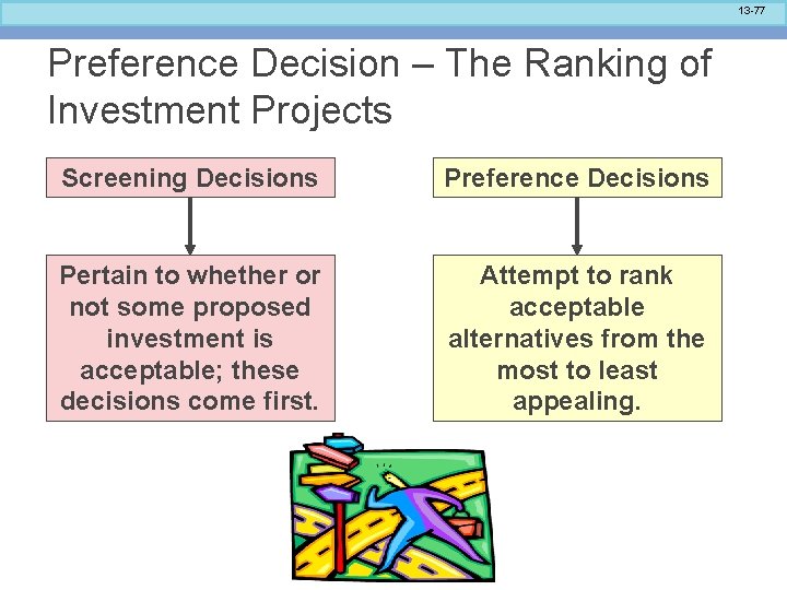 13 -77 Preference Decision – The Ranking of Investment Projects Screening Decisions Preference Decisions