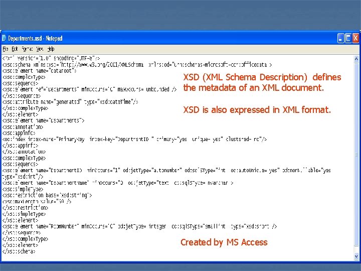 XSD (XML Schema Description) defines the metadata of an XML document. XSD is also