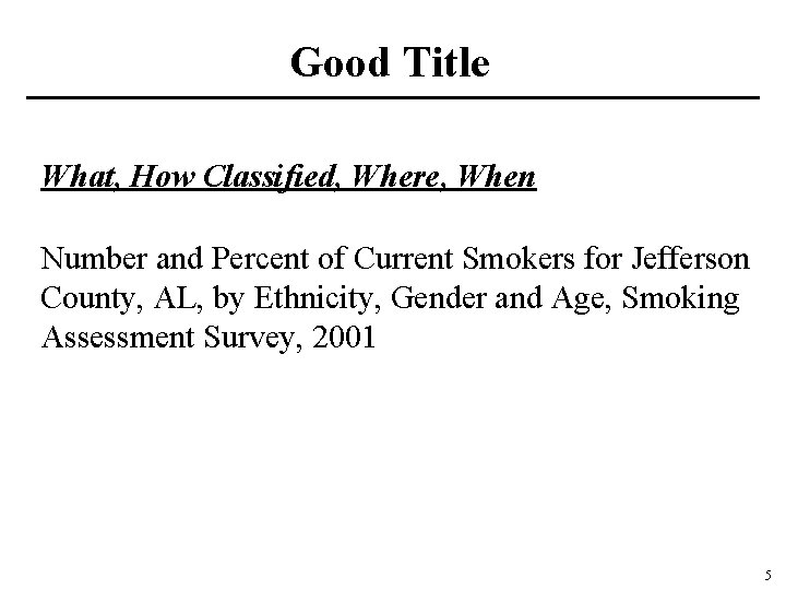 Good Title What, How Classified, Where, When Number and Percent of Current Smokers for