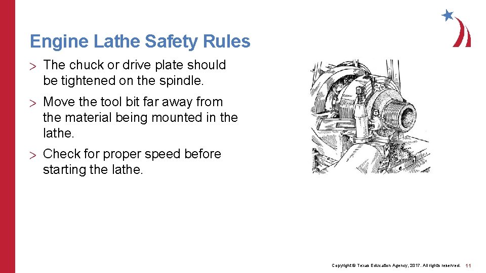 Engine Lathe Safety Rules > The chuck or drive plate should be tightened on