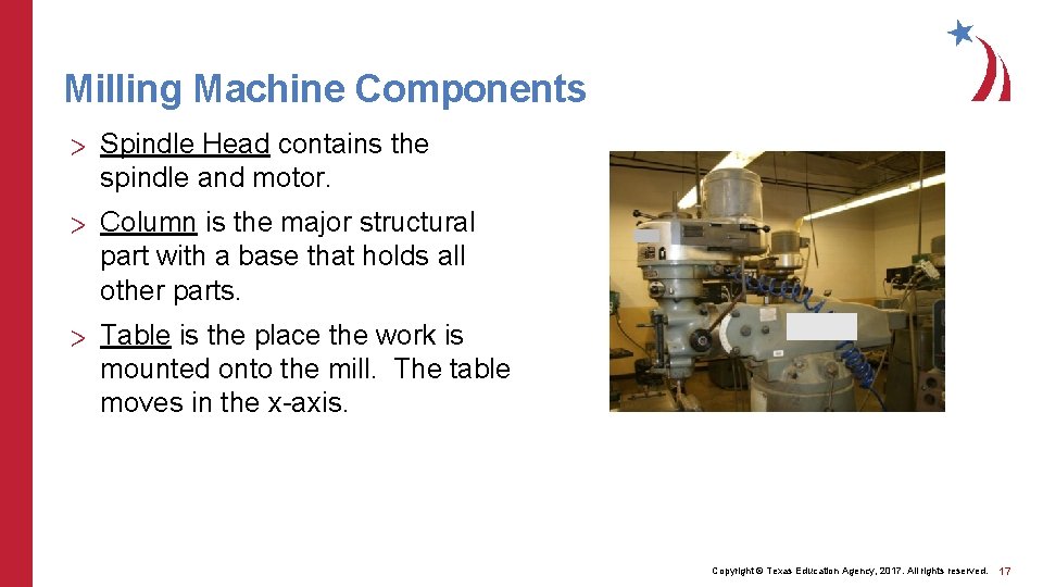 Milling Machine Components > Spindle Head contains the spindle and motor. > Column is