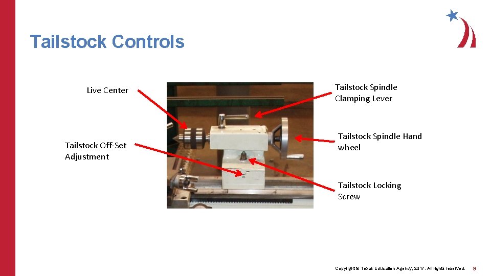 Tailstock Controls Live Center Tailstock Off-Set Adjustment Tailstock Spindle Clamping Lever Tailstock Spindle Hand