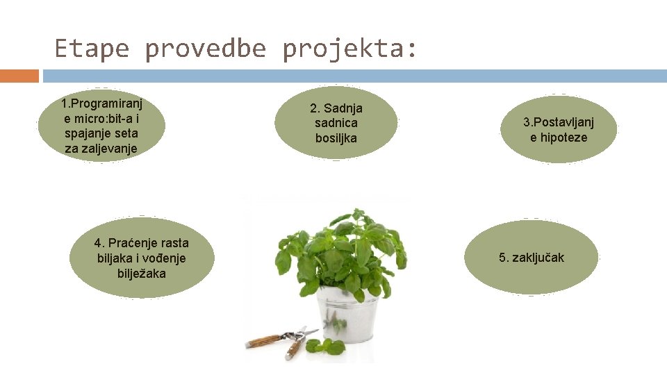 Etape provedbe projekta: 1. Programiranj e micro: bit-a i spajanje seta za zaljevanje 4.