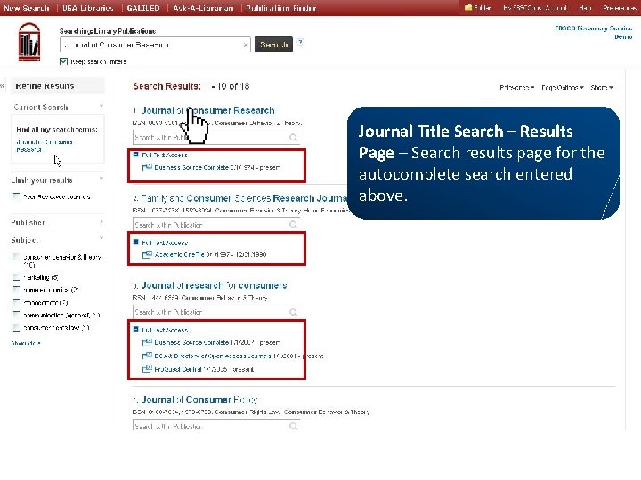 Journal Title Search – Results Page – Search results page for the autocomplete search