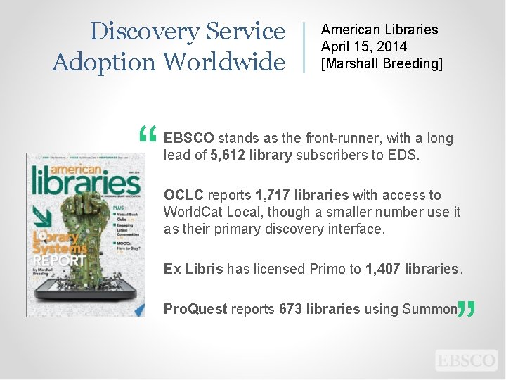 Discovery Service Adoption Worldwide “ American Libraries April 15, 2014 [Marshall Breeding] EBSCO stands