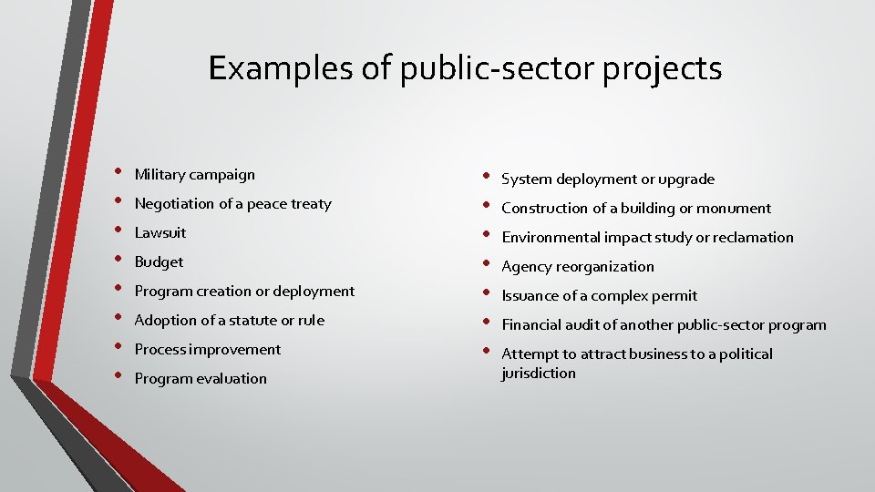 Examples of public-sector projects • • Military campaign Negotiation of a peace treaty Lawsuit