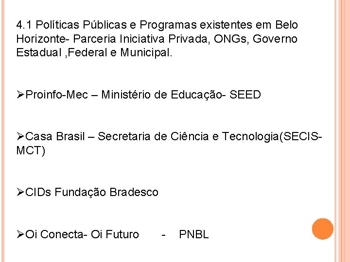 4. 1 Políticas Públicas e Programas existentes em Belo Horizonte- Parceria Iniciativa Privada, ONGs,
