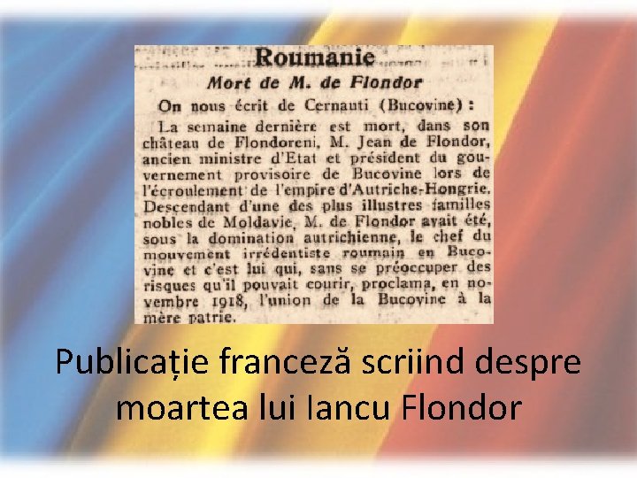 Publicație franceză scriind despre moartea lui Iancu Flondor 