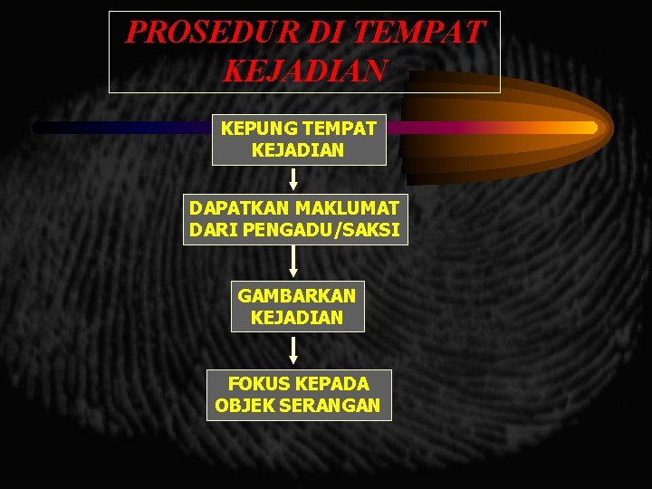 PROSEDUR DI TEMPAT KEJADIAN KEPUNG TEMPAT KEJADIAN DAPATKAN MAKLUMAT DARI PENGADU/SAKSI GAMBARKAN KEJADIAN FOKUS