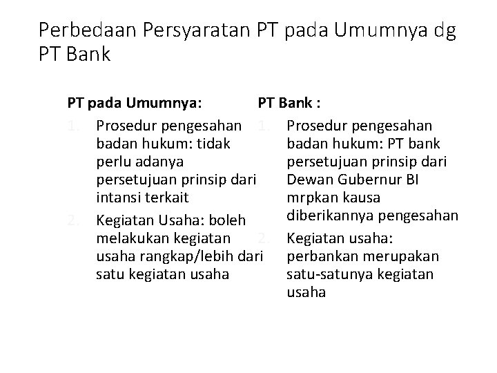 Perbedaan Persyaratan PT pada Umumnya dg PT Bank PT pada Umumnya: PT Bank :