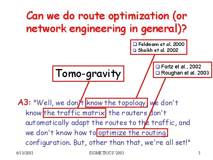 Can we do route optimization (or network engineering in general)? q Feldmann et al.