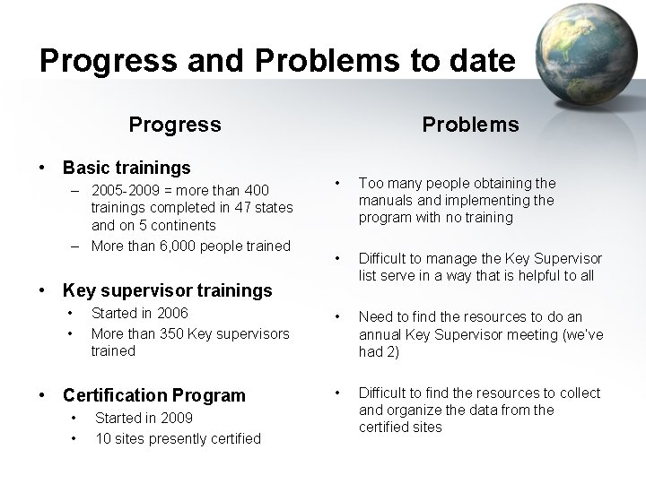 Progress and Problems to date Progress • Basic trainings – 2005 -2009 = more