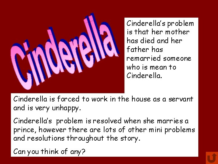 Cinderella’s problem is that her mother has died and her father has remarried someone