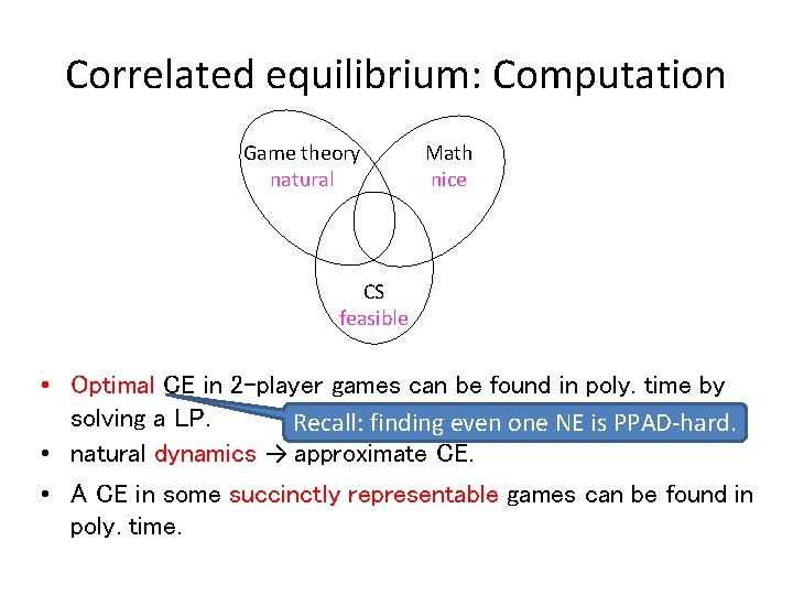 Correlated equilibrium: Computation Game theory natural Math nice CS feasible • Optimal CE in