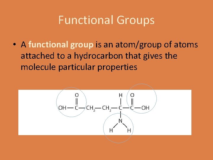 Functional Groups • A functional group is an atom/group of atoms attached to a