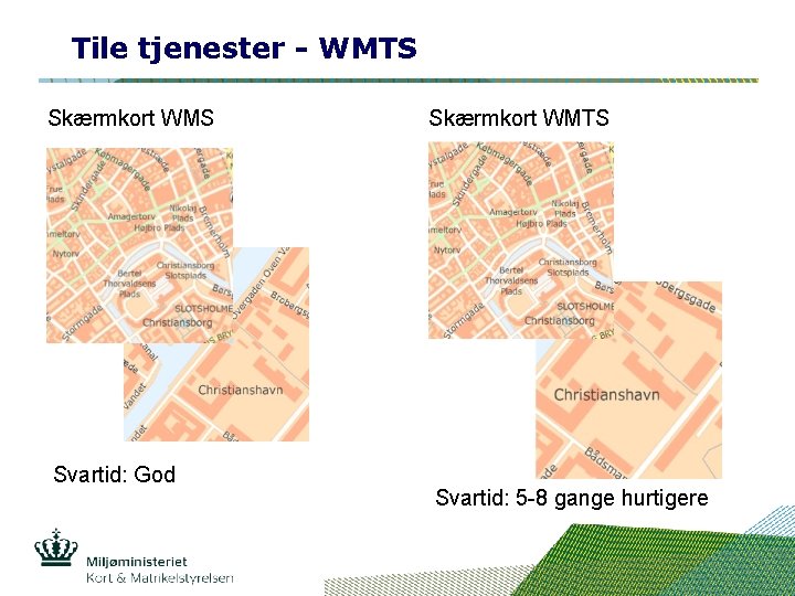 Tile tjenester - WMTS Skærmkort WMS Svartid: God Skærmkort WMTS Svartid: 5 -8 gange