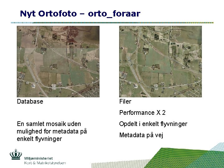 Nyt Ortofoto – orto_foraar Database Filer Performance X 2 En samlet mosaik uden mulighed