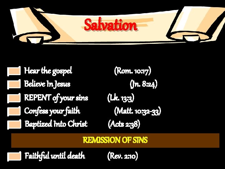 Salvation Hear the gospel Believe In Jesus REPENT of your sins Confess your faith