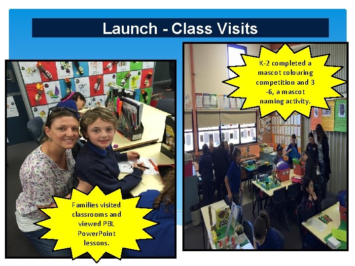 Launch - Class Visits K-2 completed a mascot colouring competition and 3 -6, a