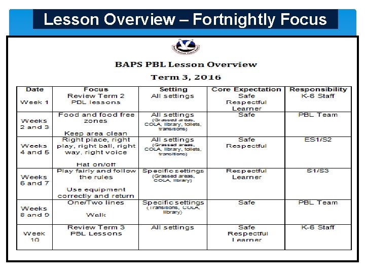 Lesson Overview – Fortnightly Focus 