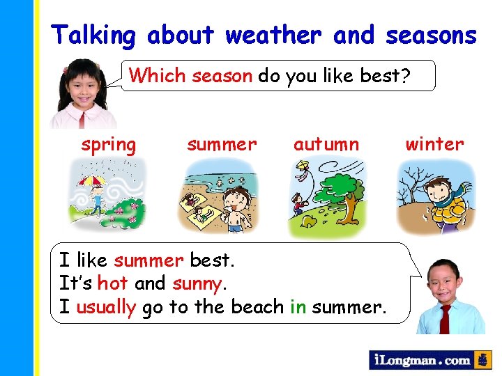 Talking about weather and seasons Which season do you like best? spring summer autumn