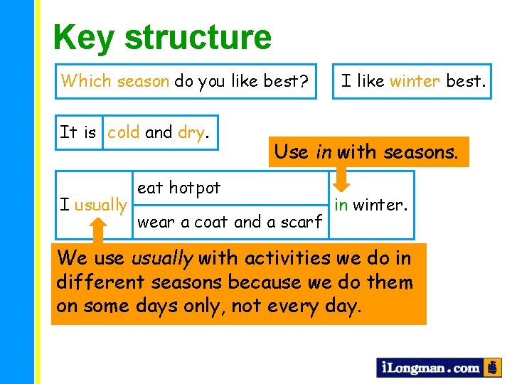 Key structure Which season do you like best? It is cold and dry. I