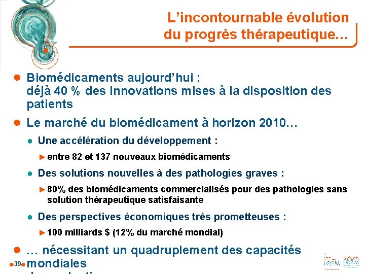 L’incontournable évolution du progrès thérapeutique… ● Biomédicaments aujourd’hui : déjà 40 % des innovations