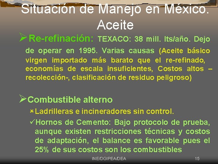 Situación de Manejo en México. Aceite ØRe-refinación: TEXACO: 38 mill. lts/año. Dejo de operar