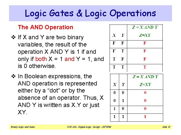 Logic Gates & Logic Operations The AND Operation v If X and Y are