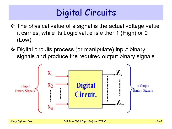Digital Circuits v The physical value of a signal is the actual voltage value