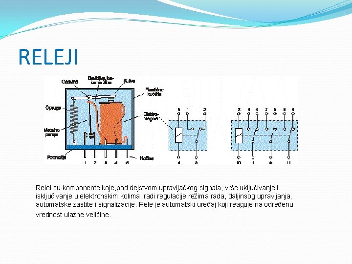 RELEJI Relei su komponente koje, pod dejstvom upravljačkog signala, vrše uključivanje i isključivanje u