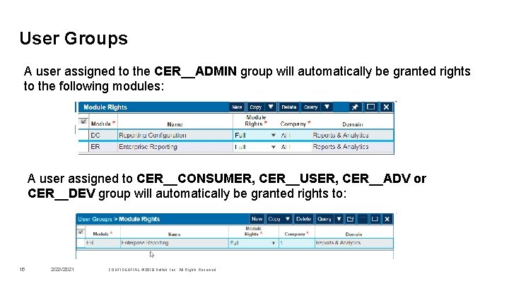 User Groups A user assigned to the CER__ADMIN group will automatically be granted rights