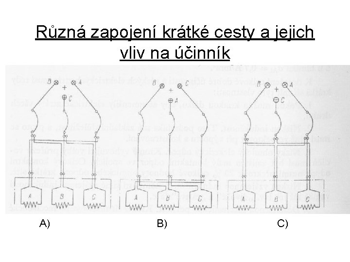 Různá zapojení krátké cesty a jejich vliv na účinník A) B) C) 