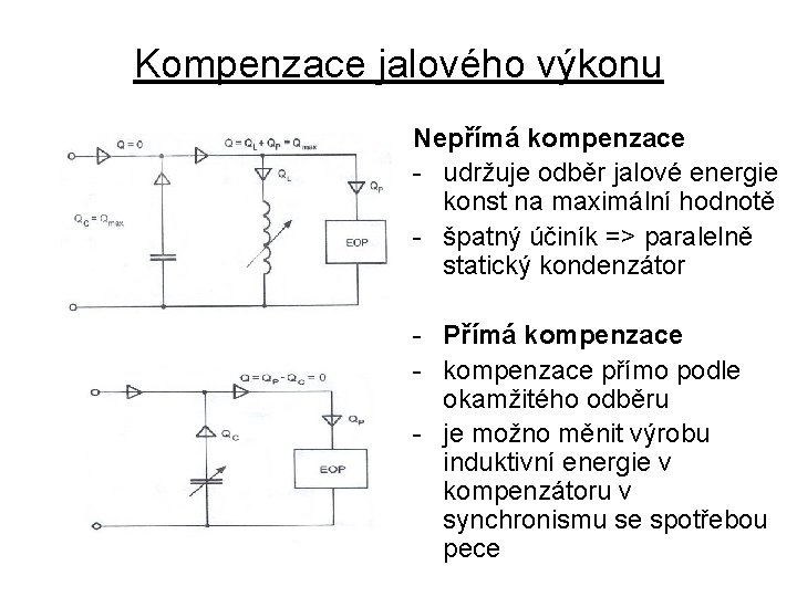 Kompenzace jalového výkonu Nepřímá kompenzace - udržuje odběr jalové energie konst na maximální hodnotě